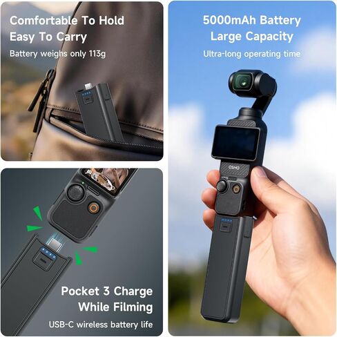 Pocket 3 Battery Handle, Battery Grip 5000mAh 22.5W Fast Charging Power Supply with 1/4" Thread,Replacement Battery for Osmo Pocket 3 Accessories in Kuwait