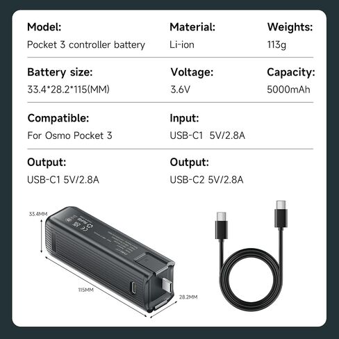 Pocket 3 Battery Handle, Battery Grip 5000mAh 22.5W Fast Charging Power Supply with 1/4" Thread,Replacement Battery for Osmo Pocket 3 Accessories in Kuwait