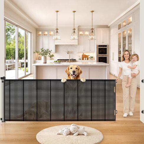 Pawtners Retractable Baby Gates, 34" Tall Extends to 120" Wide Dog Gate | 6 FT Gate with Reinforced 8 Supporting Rods to Prevent Crawling for Stairs Hallways Indoor Outdoor Open Spaces in Kuwait