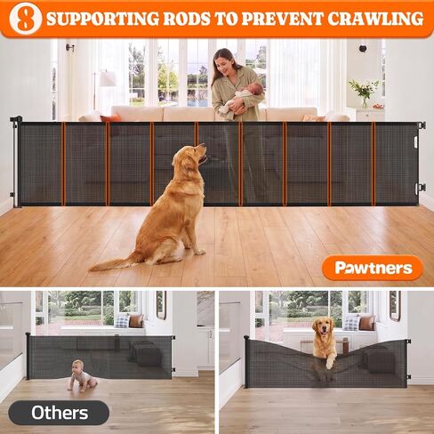 Pawtners Retractable Baby Gates, 34" Tall Extends to 120" Wide Dog Gate | 6 FT Gate with Reinforced 8 Supporting Rods to Prevent Crawling for Stairs Hallways Indoor Outdoor Open Spaces in Kuwait