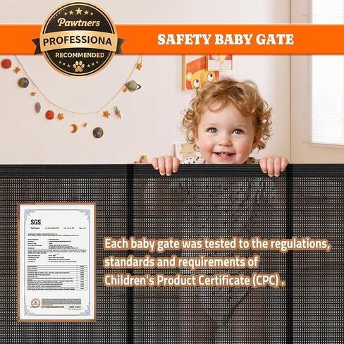 Pawtners Retractable Baby Gates, 34" Tall Extends to 120" Wide Dog Gate | 6 FT Gate with Reinforced 8 Supporting Rods to Prevent Crawling for Stairs Hallways Indoor Outdoor Open Spaces in Kuwait