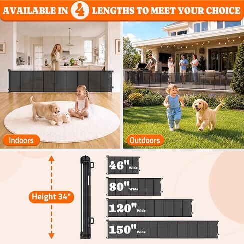 Pawtners Retractable Baby Gates, 34" Tall Extends to 120" Wide Dog Gate | 6 FT Gate with Reinforced 8 Supporting Rods to Prevent Crawling for Stairs Hallways Indoor Outdoor Open Spaces in Kuwait