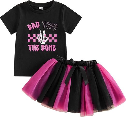 Bagilaanoe Toddler Baby Girl 2nd Birthday Outfit Bad Two The Bone Short Sleeve T-Shirt Purple Black Mesh Tulle Skirt Set in Kuwait