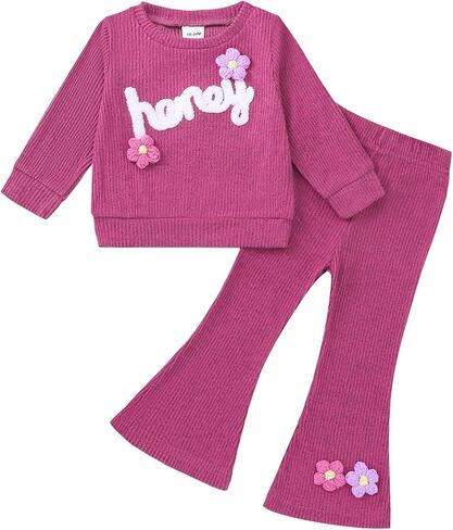 Renotemy Toddler Baby Girl Clothes 2Pcs Fall Winter Warm Outfit Long Sleeve Sweatshirt Bell Bottom Pants Set for Little Girls in Kuwait