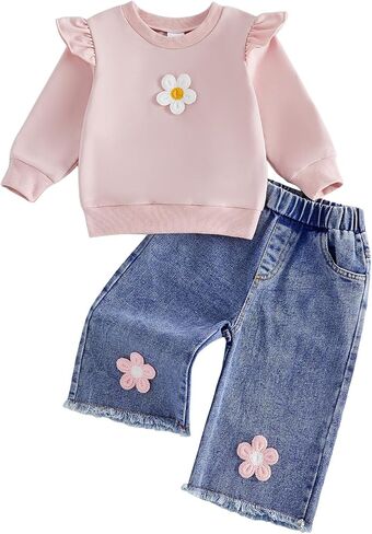 Baby Girl Clothes Toddler Fall Outfits Floral Ruffle Long Sleeve Sweatshirt and Jeans Pants Girls Denim Outfit in Kuwait