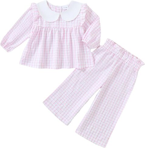 Kucnuzki Baby Toddler Girl Fall Winter Clothes Long Sleeve Ruffle Tops Cute Shirts Plaid Pants 2 Piece Sets Girl Outfits in Kuwait