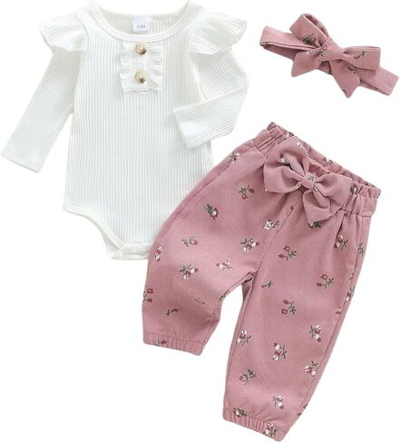 Hnyenmcko Newborn Infant Baby Girl Clothes Rib Knit Ruffle Romper+ Floral Pants + Cute Headband Set 0 3 6 9 12 18 24 Months in Kuwait