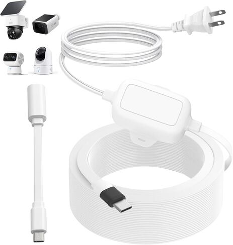 25ft Power Cord with Adapter for eufy SoloCam S340/S220, E30/E42, for eufy Cam S350, E220, Charging Extension Cable for eufyCam S330/S3 Pro, Waterproof Flat Power Cable and Adapter for Outdoor Use in Kuwait
