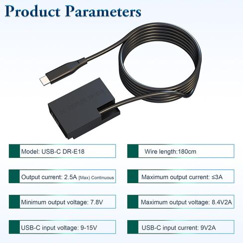 DR-E18 Coupler Dummy Battery to USB Type-C | For Canon EOS R50，R50V，R8，R10 R100 RP 77D 200D II 250D 750D 760D 800D 850D T6s T7i T8i SL2 SL3 8000D 9000D in Kuwait