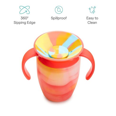 Munchkin Miracle 360 Sippy Cup for 6 Month Old, Spill Proof Baby and Toddler Cups with Transition Handles, 7 Ounce, Tropical Swirl, Orange/Multi in Kuwait