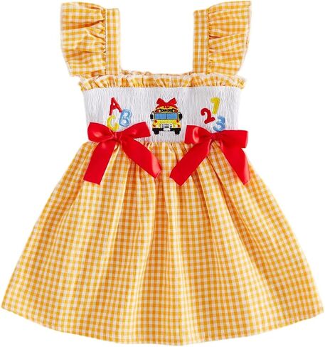 Toddler Baby Girls Halloween Outfit Pumpkin Smocked Plaid Dress | Toddler Baby Girl Halloween Outfit Pumpkin Sleeveless Dress Fly Sleeve Smocked Dresses Cute Girls Fall Clothes in Kuwait