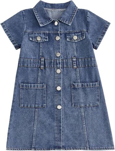 Toddler Girl Denim Dress Button Down Jeans Dress with Pockets Short Sleeve Kids Denim Overalls Western Baby Clothes in Kuwait