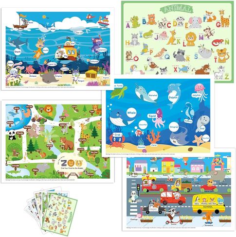 Disposable Placemats for Baby Toddlers, Plastic Sticky Table Mats Babies for Restaurants, Parties, Preschool& Dining Table– 5 Fun Designs Alphabet, Sea, Deep-Sea, Road, Zoo Animal,40 Pack 12x18 Inches in Kuwait