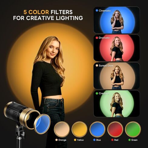 NiceVeedi 20W 5-Color Spotlight for Photography with 87" Tripod, 2800K-6500K Zoomable Photography Lighting with Remote & Cooling System, Hair Spotlight for Streaming, Video, Content Creators in Kuwait
