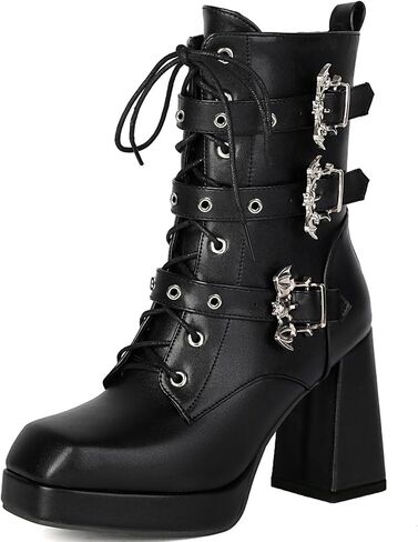 FOREADA Goth Platform Combat Boots Women Bat Chunky High Heeled Ankle Boot in Kuwait