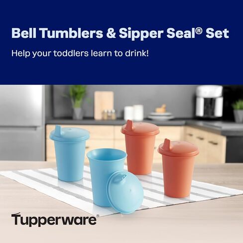 Tupperware Bell Tumblers and Sipper Seal Set, 4 Count Sippy Cups in Blue & Orange, Dishwasher Safe and BPA Free (4 Tumblers, 4 Lids, 7 fl oz each) in Kuwait