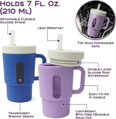 Ancaixin Silicone Sippy Cup,Baby straw cups for toddlers 1-3,Toddler Cups Spill Proof,Baby Sippy Cup with straw,Purple and Blue, 7 oz,2-Pack,Ages 12 Months+ in Kuwait