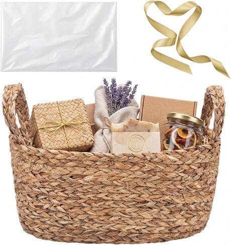 Colingmill 2 Pack Empty Gift Basket with Gift Bag and Ribbons, 12×10×8" Natural Wicker Basket, Storage Natural Rope Baskets, Decorative Gifts Organizer for Baby Showers, Raffle, Wedding, Birthday in Kuwait