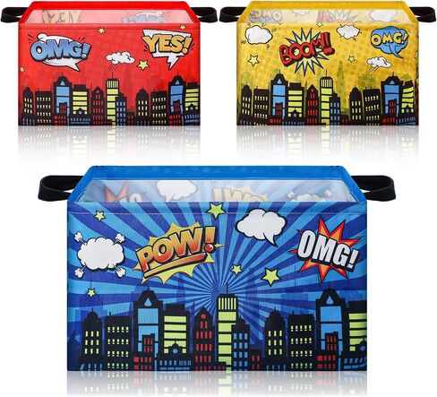 Maxdot 3 Pack Hero Comic Book Storage Themed Basket Large Gifts for Laundry Hamper Basket for Kids Room Nursery Collapsible Toy Clothes Storage Collection Bin(City,Rectangle) in Kuwait