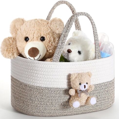 FoldTier Diaper Caddy Organizer Teddy Bear Basket for Nursery with Handle Baby Shower Storage Bin Portable Cotton Rope Gift Bag for Changing Table Cart Car Baby Wipes Newborn Essentials(Gray White) in Kuwait