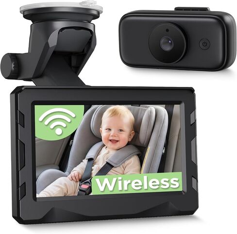 Wireless Baby Car Camera - Auto 940nm Night Vision Backseat Cam & Eco-Mode | 40 Hours Rechargeable Battery, 4.3'' HD 1080P Video 360° Rotatable Car Baby Monitor, Newborn Rear Facing Carseat Camera in Kuwait