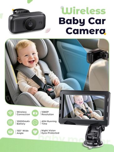 Wireless Baby Car Camera - Auto 940nm Night Vision Backseat Cam & Eco-Mode | 40 Hours Rechargeable Battery, 4.3'' HD 1080P Video 360° Rotatable Car Baby Monitor, Newborn Rear Facing Carseat Camera in Kuwait