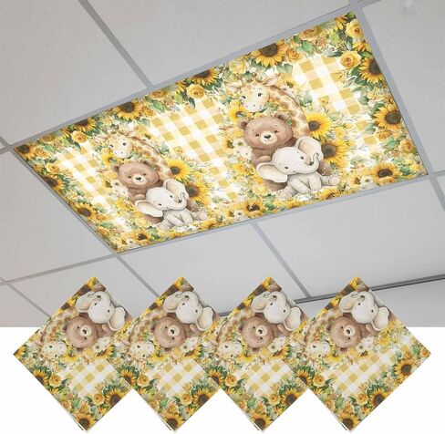 Fluorescent Light Covers, Sunflower Animals Magnetic Light Covers for Ceiling Lights, Yellow Botanical Floral Checkered Elegant Fluorescent Ceiling Shade for Classroom Bedroom Office 4x2Ft x 3PCS in Kuwait