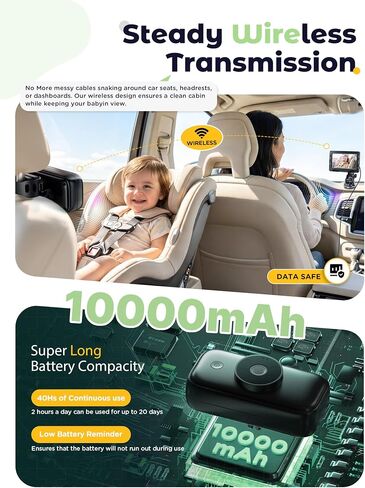 Wireless Baby Car Camera - Auto 940nm Night Vision Backseat Cam & Eco-Mode | 40 Hours Rechargeable Battery, 4.3'' HD 1080P Video 360° Rotatable Car Baby Monitor, Newborn Rear Facing Carseat Camera in Kuwait