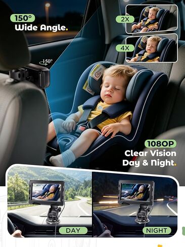 Wireless Baby Car Camera - Auto 940nm Night Vision Backseat Cam & Eco-Mode | 40 Hours Rechargeable Battery, 4.3'' HD 1080P Video 360° Rotatable Car Baby Monitor, Newborn Rear Facing Carseat Camera in Kuwait