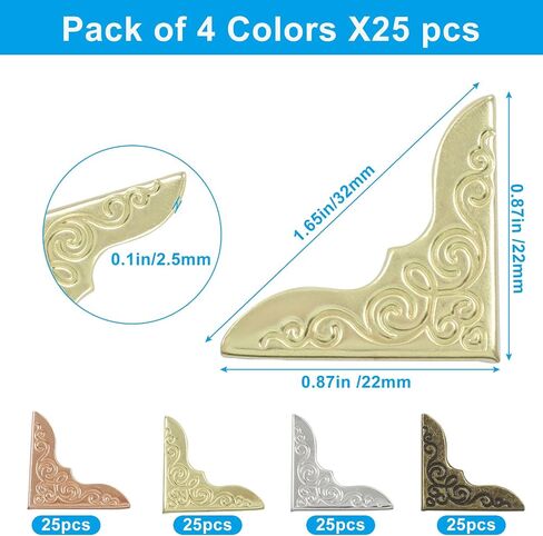 100PCS Metal Book Corner Protector,Vintage Antique Iron Guard | Edge Cover, Scrapbooking Decorative Cover, For Desk Jewelry Case Box Gifts in Kuwait