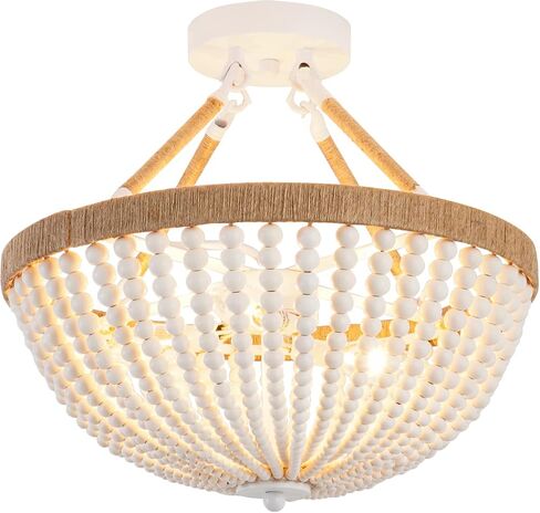 Wood Beaded Mini Chandelier Farmhouse Bohemia Semi Flush Mount Ceiling Light Rustic 3-Light Ceiling Lighting Fixtures for Bedroom Dining Nursery Room Girl Room Hallway, White, Dia 15 Inch in Kuwait