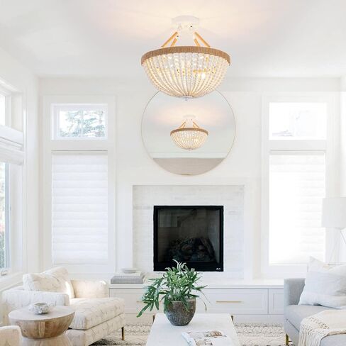 Wood Beaded Mini Chandelier Farmhouse Bohemia Semi Flush Mount Ceiling Light Rustic 3-Light Ceiling Lighting Fixtures for Bedroom Dining Nursery Room Girl Room Hallway, White, Dia 15 Inch in Kuwait