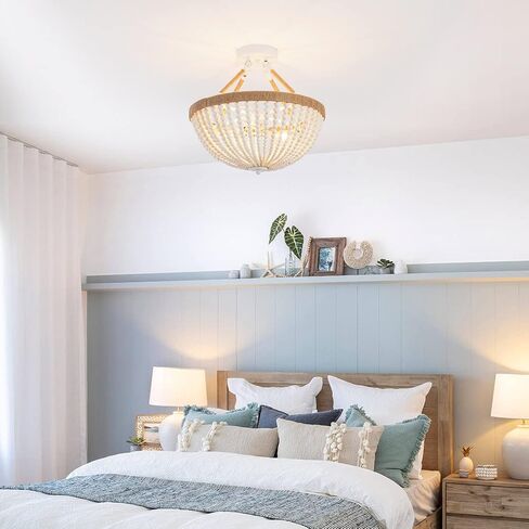 Wood Beaded Mini Chandelier Farmhouse Bohemia Semi Flush Mount Ceiling Light Rustic 3-Light Ceiling Lighting Fixtures for Bedroom Dining Nursery Room Girl Room Hallway, White, Dia 15 Inch in Kuwait