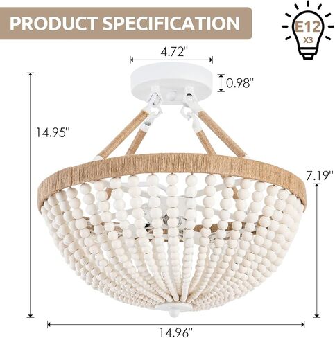 Wood Beaded Mini Chandelier Farmhouse Bohemia Semi Flush Mount Ceiling Light Rustic 3-Light Ceiling Lighting Fixtures for Bedroom Dining Nursery Room Girl Room Hallway, White, Dia 15 Inch in Kuwait