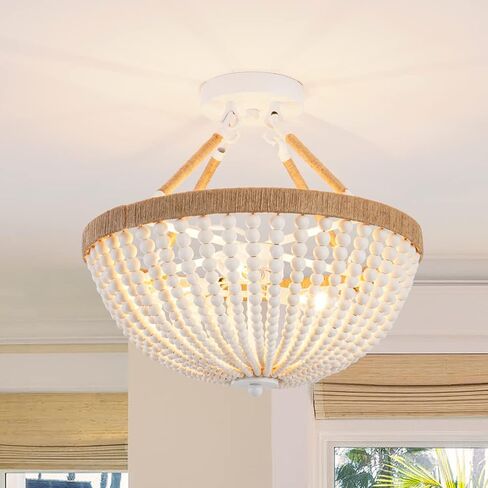 Wood Beaded Mini Chandelier Farmhouse Bohemia Semi Flush Mount Ceiling Light Rustic 3-Light Ceiling Lighting Fixtures for Bedroom Dining Nursery Room Girl Room Hallway, White, Dia 15 Inch in Kuwait