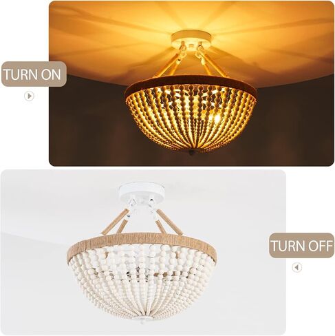 Wood Beaded Mini Chandelier Farmhouse Bohemia Semi Flush Mount Ceiling Light Rustic 3-Light Ceiling Lighting Fixtures for Bedroom Dining Nursery Room Girl Room Hallway, White, Dia 15 Inch in Kuwait