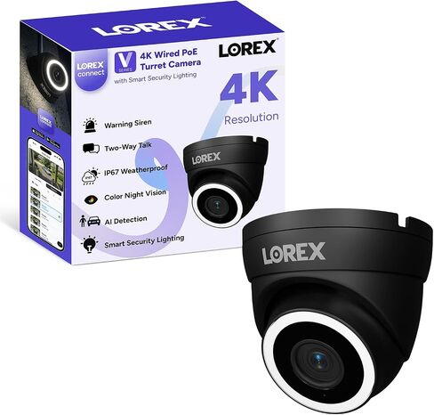 Lorex Connect App | V3 4K IP Add-On PoE Turret Camera | Smart AI Detection | Black | White Smart Security Lighting | Siren | 2-Way Talk | IP67 Weatherproof in Kuwait