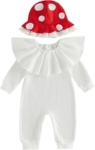 Pudcoco Infant Baby Girls Halloween Outfit Mushroom Romper Toadstool Long Sleeve Waffle Knit Ruffle Jumpsuit with Hat in Kuwait