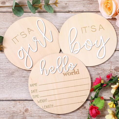 Baby Announcement Sign 3PCS It's a Boy/It's a Girl & Hello World Wooden Gender Reveal Plaque for Newborn Birth Hospital Photo Props in Kuwait