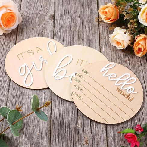 Baby Announcement Sign 3PCS It's a Boy/It's a Girl & Hello World Wooden Gender Reveal Plaque for Newborn Birth Hospital Photo Props in Kuwait