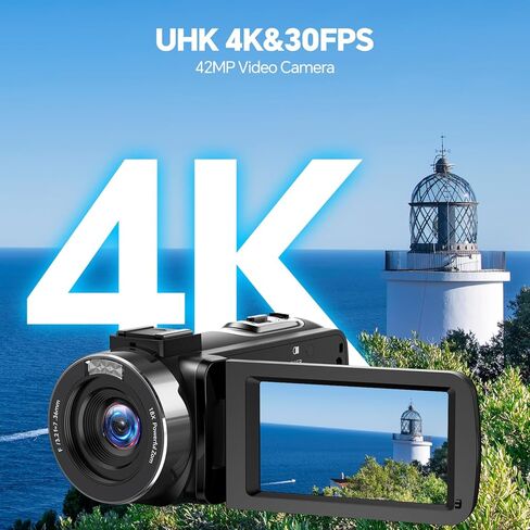 Camcorder Video Camera 4K, 42MP Digital Camera for Vlogging, 3" 270° Rotating Screen 18X Digital Zoom Video Recorder for YouTube Beginners with Remote Control, 2 Batteries, 32GB SD Card in Kuwait