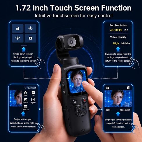 VETEK 4K Vlogging Camera,75MP Pocket Digital Camera with 330° Rotating Lens | YouTube Camera WiFi,1.72" Touch Screen,Face Tracking,16GB TF Card & Tripod,Handheld Camera for Daily Recording in Kuwait