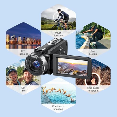Camcorder Video Camera 4K, 42MP Digital Camera for Vlogging, 3" 270° Rotating Screen 18X Digital Zoom Video Recorder for YouTube Beginners with Remote Control, 2 Batteries, 32GB SD Card in Kuwait