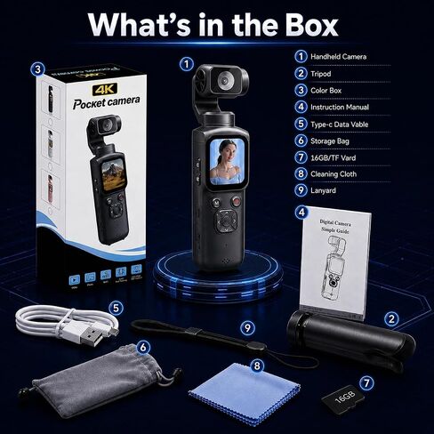 VETEK 4K Vlogging Camera,75MP Pocket Digital Camera with 330° Rotating Lens | YouTube Camera WiFi,1.72" Touch Screen,Face Tracking,16GB TF Card & Tripod,Handheld Camera for Daily Recording in Kuwait