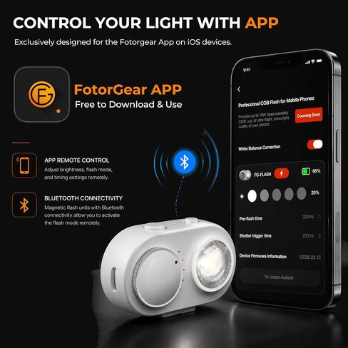 FotorGear Magnetic Phone Camera Flash Compatible for iOS, 15W COB Smart Sync External Flash, 5700K Flashes Speedlite, Control with Button & Bluetooth, for Night Photography/Selfies in Kuwait