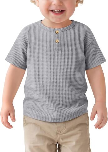 Boys Toddler Henley Short Sleeve Shirt Cotton Blend Summer Baby Waffle T Shirts 18m-5y Casual Button Front Tops in Kuwait
