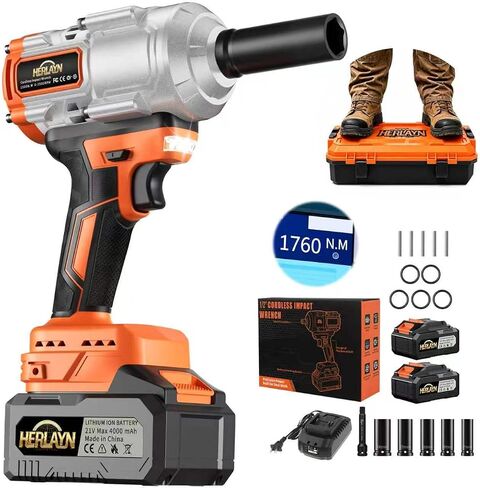 1/2" Cordless Impact Wrench MAX1760N.m Brushless, Dual 4.0Ah Battery | drop-tested durability; brushless motor; dual 4.0Ah batteries; 5 sockets included; for tires & heavy equipment in Kuwait