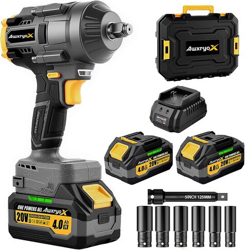 AwxryoX Cordless Impact Gun, 1500Nm 1/2" Power Impact Wrench with 2 x 4.0Ah Battery, 21V Brushless High Torque Pistola de Impacto with 6 Sockets, Llave de Impacto for Home Car Pickup Tire Nut Removal in Kuwait