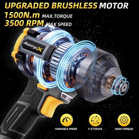 AwxryoX Cordless Impact Gun, 1500Nm 1/2" Power Impact Wrench with 2 x 4.0Ah Battery, 21V Brushless High Torque Pistola de Impacto with 6 Sockets, Llave de Impacto for Home Car Pickup Tire Nut Removal in Kuwait