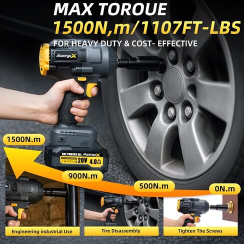 AwxryoX Cordless Impact Gun, 1500Nm 1/2" Power Impact Wrench with 2 x 4.0Ah Battery, 21V Brushless High Torque Pistola de Impacto with 6 Sockets, Llave de Impacto for Home Car Pickup Tire Nut Removal in Kuwait